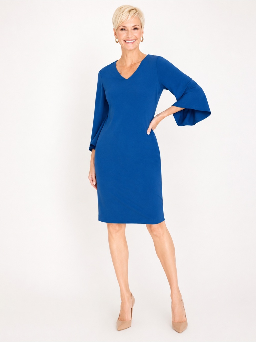 Chico’s Size 0 Blue V-Neck Midi Dress Bell Sleeves Sheath Cocktail Chicos Small